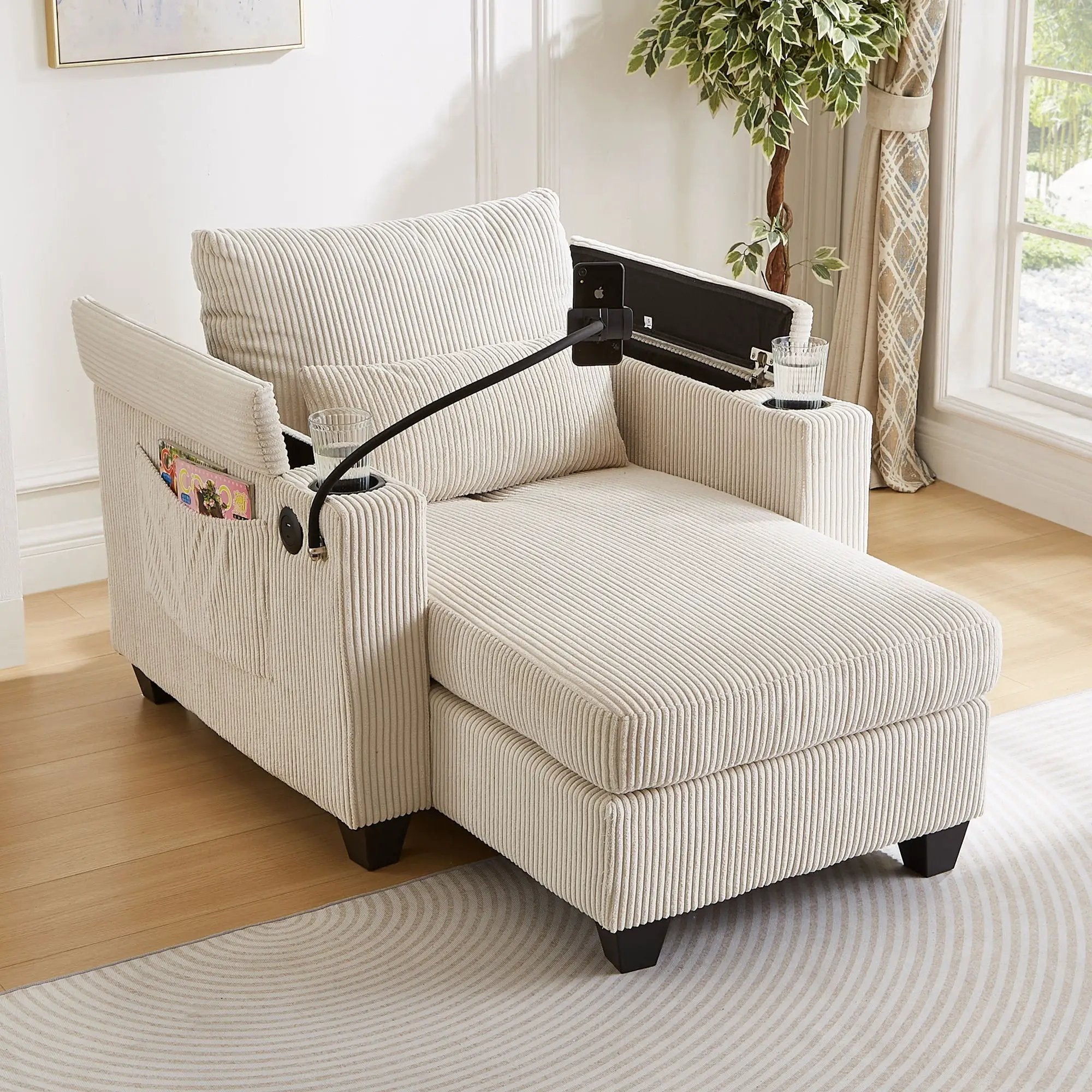 Convertible Chaise Lounge Sofa Chair With USB Ports, Cup Holders, Phone Holder And Storage by Unique Piece Furniture