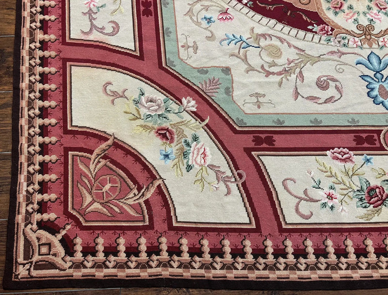 Needlepoint Rug 7.9 x 9, Beige Maroon Rose, Handmade Handwoven Flatweave Aubusson Savonnerie French European Elegant Carpet, Wool Rug by Jewel Rugs