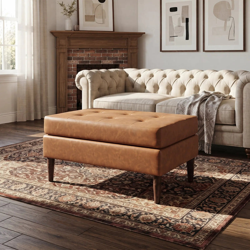 Upholstered PU Leather Ottoman, Solid Wooden Legs by HouseOfZazla