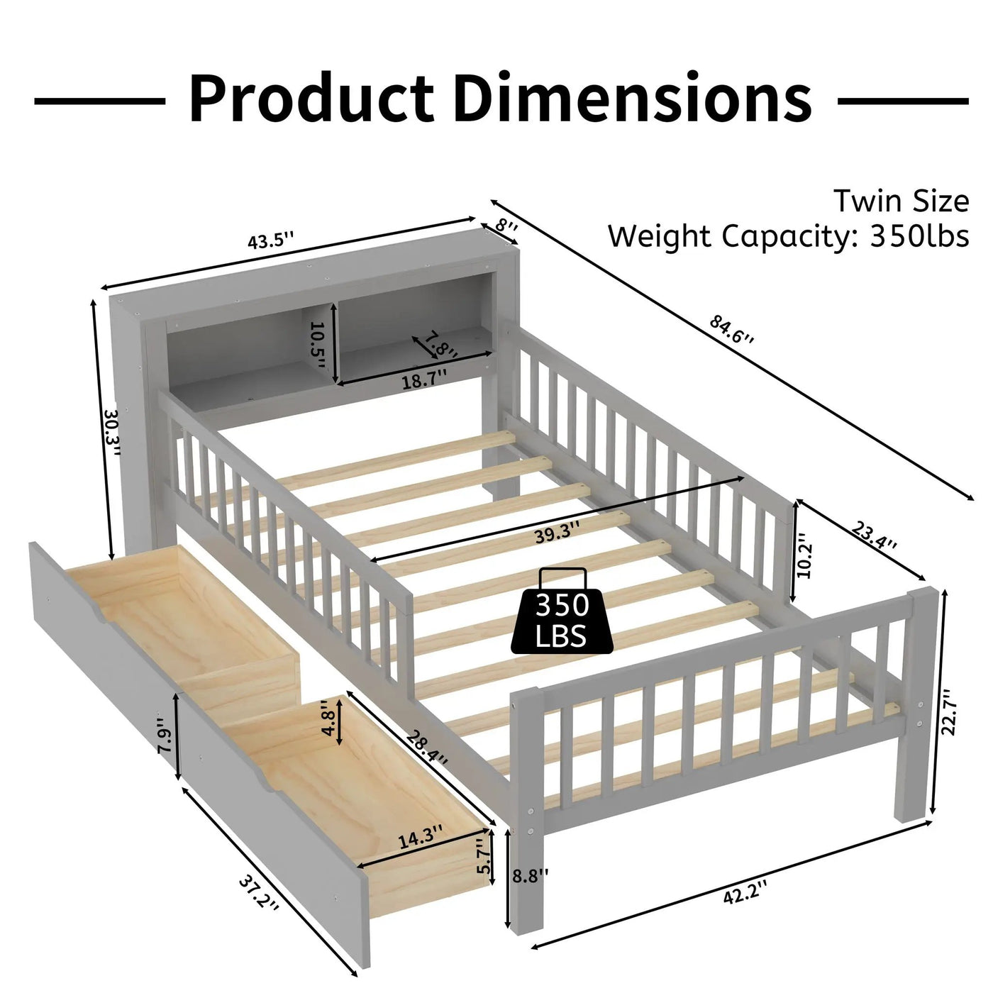 Bed With Headboard Storage Rack, 2 Under Bed Drawers, 3 Side Guardrails For Safety by HouseOfZazla