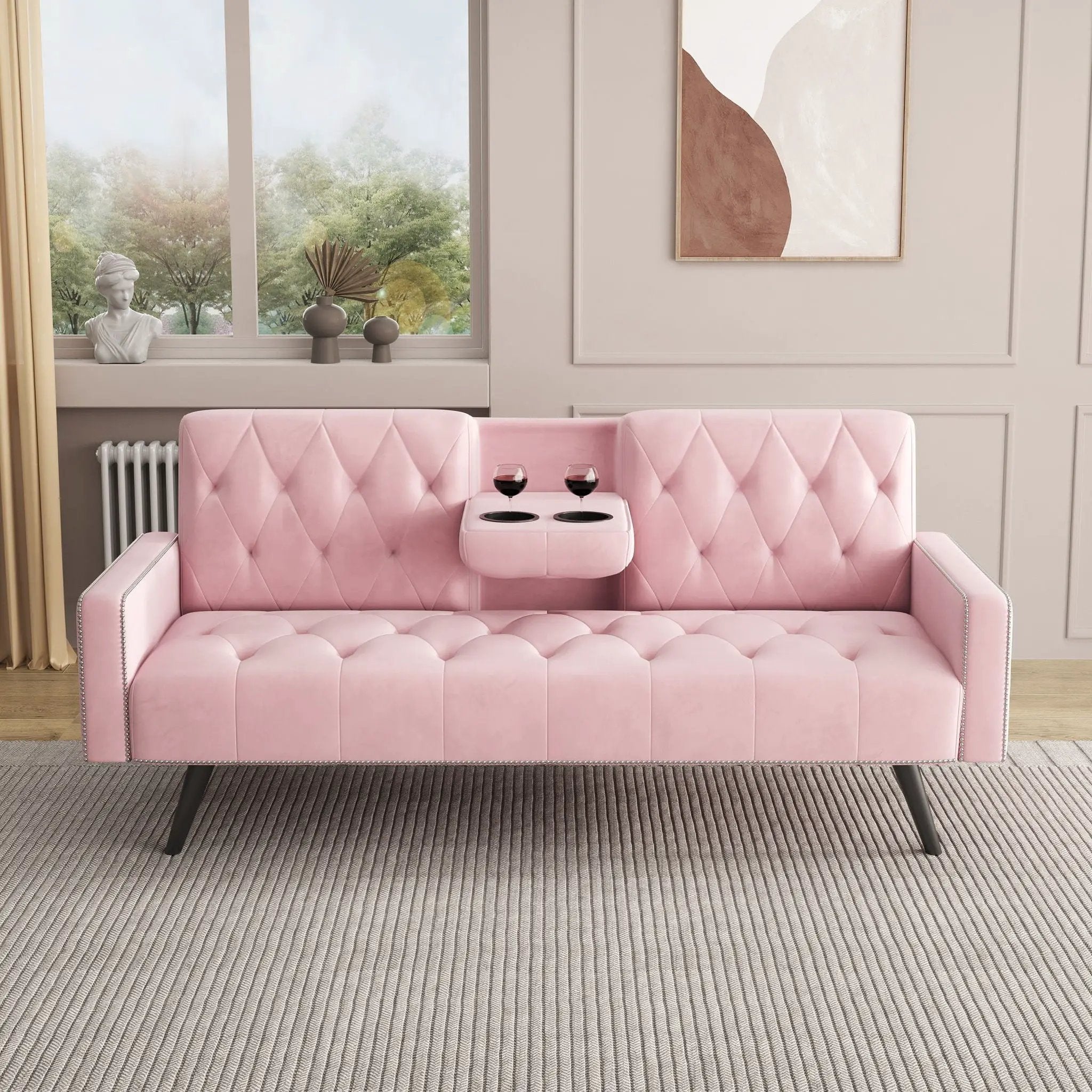 Sofa Bed With Nail Head Trim And Cup Holders - Pink by Unique Piece Furniture