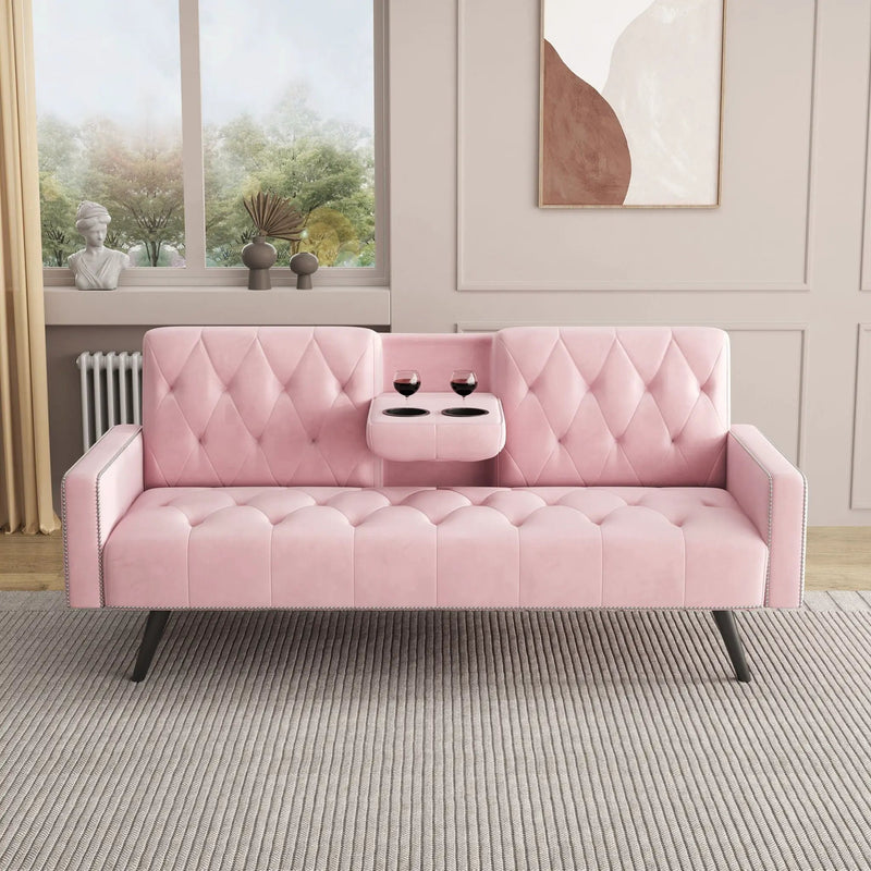 Sofa Bed With Nail Head Trim And Cup Holders - Pink by Unique Piece Furniture