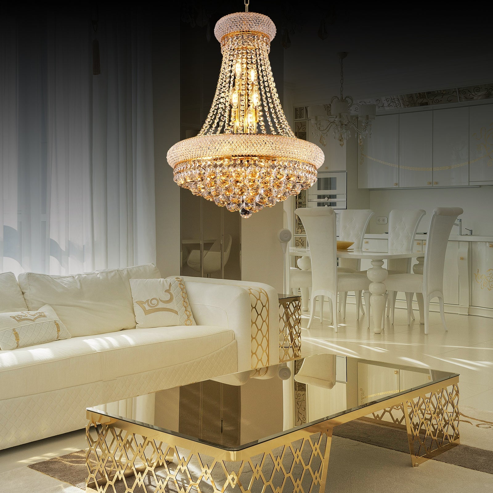 24-Inch Gold Crystal Chandelier, 12-Light French Empire Style Ceiling Light by HouseOfZazla