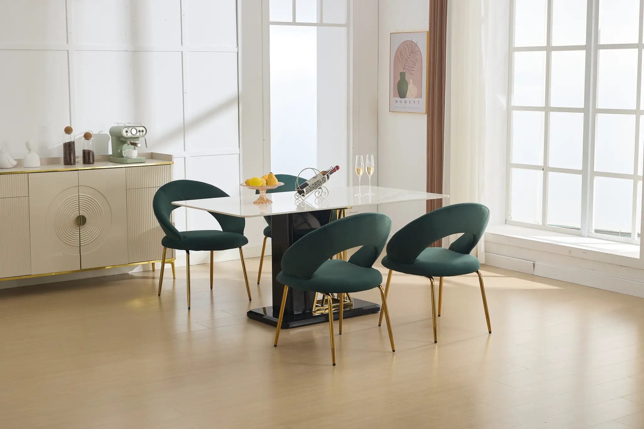 Velvet Fabric Dining Chair with Curved Backrest and Golden Metal Legs by HouseOfZazla