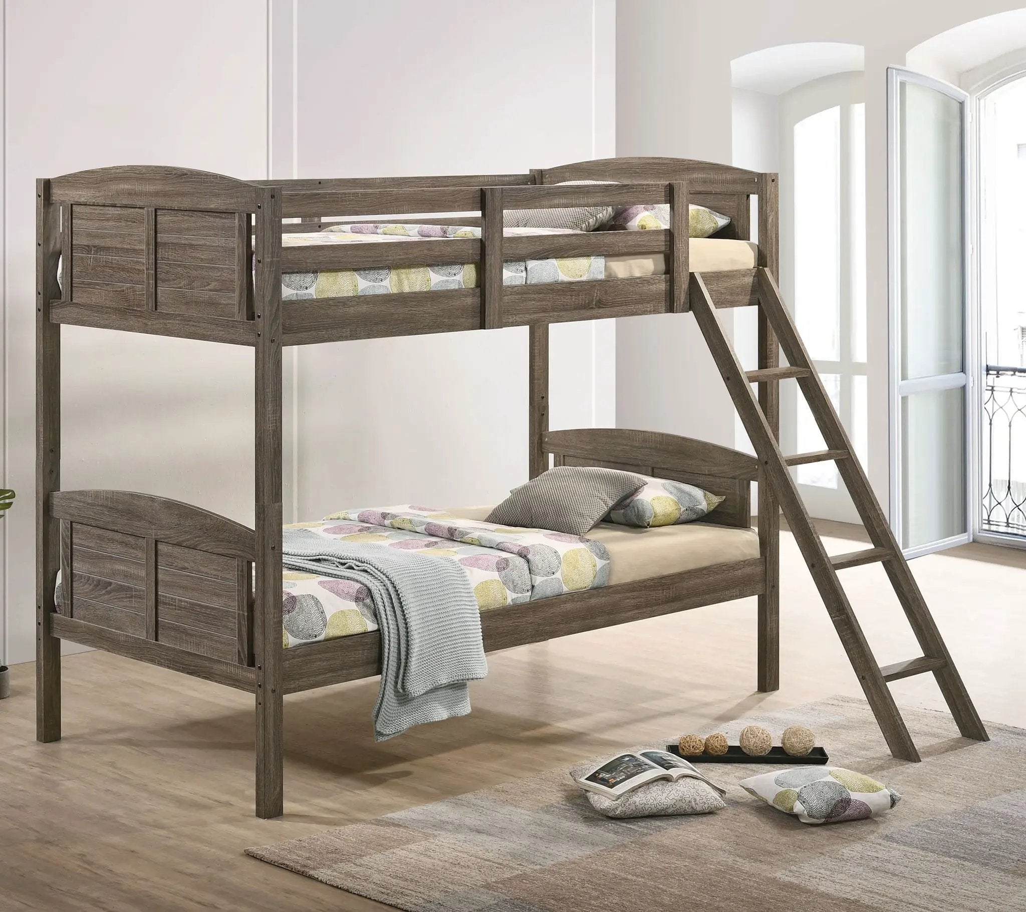 Flynn Wood Twin Over Twin Bunk Bed Weathered Brown by Unique Piece Furniture