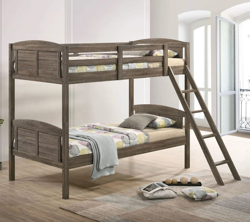 Flynn Wood Twin Over Twin Bunk Bed Weathered Brown by Unique Piece Furniture