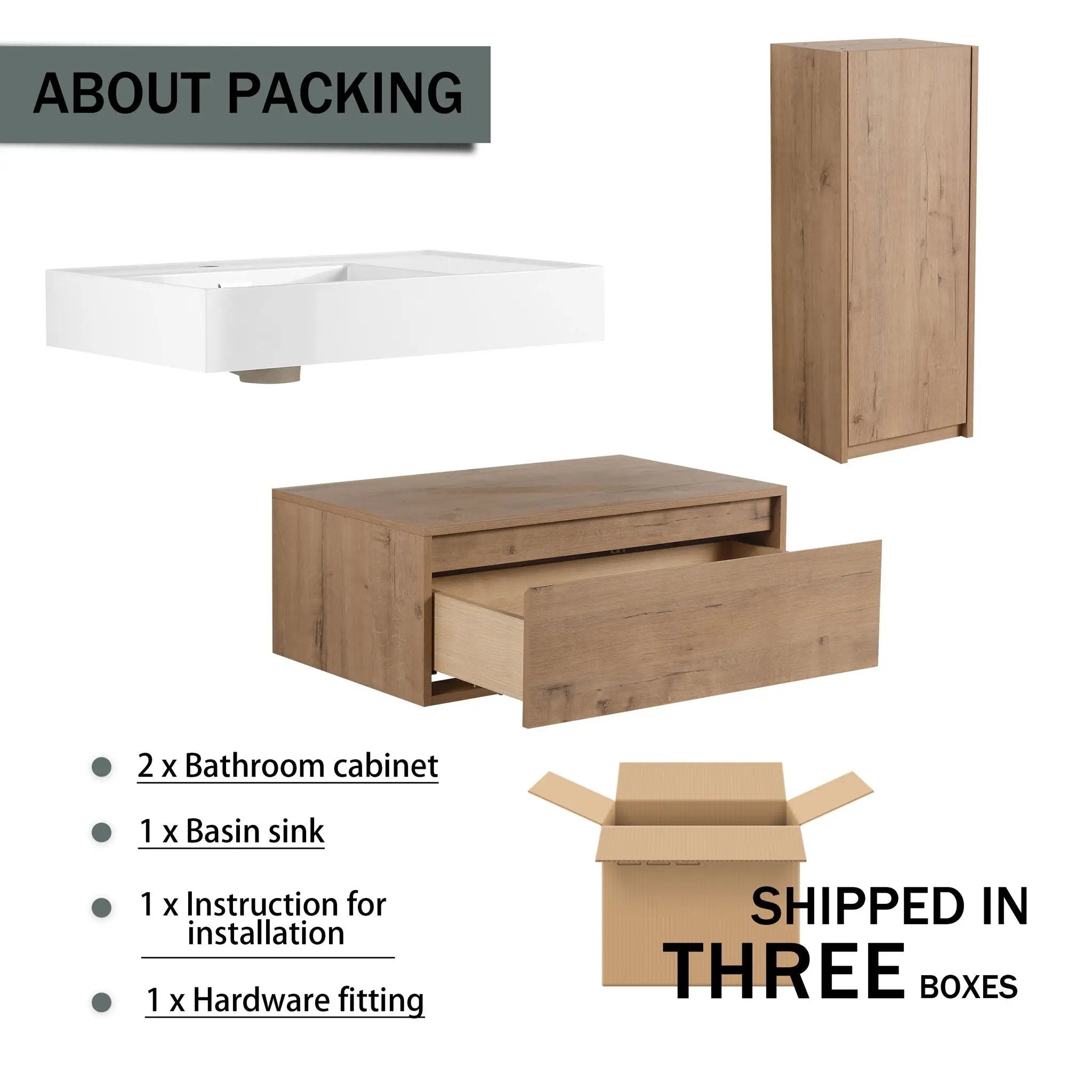 Modern Wall Mounted Bathroom Vanity With Resin Sink And Side Cabinet, Soft Close Drawer, Imitative - Imitative Oak by HouseOfZazla