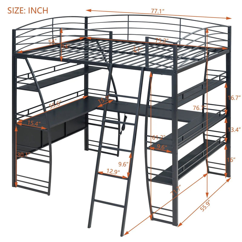 Loft Bed With 4 Layers Of Shelves And L-Shaped Desk, Stylish Metal Frame Bed With A Set Of Sockets, USB Ports And And Wireless Charging by Unique Piece Furniture