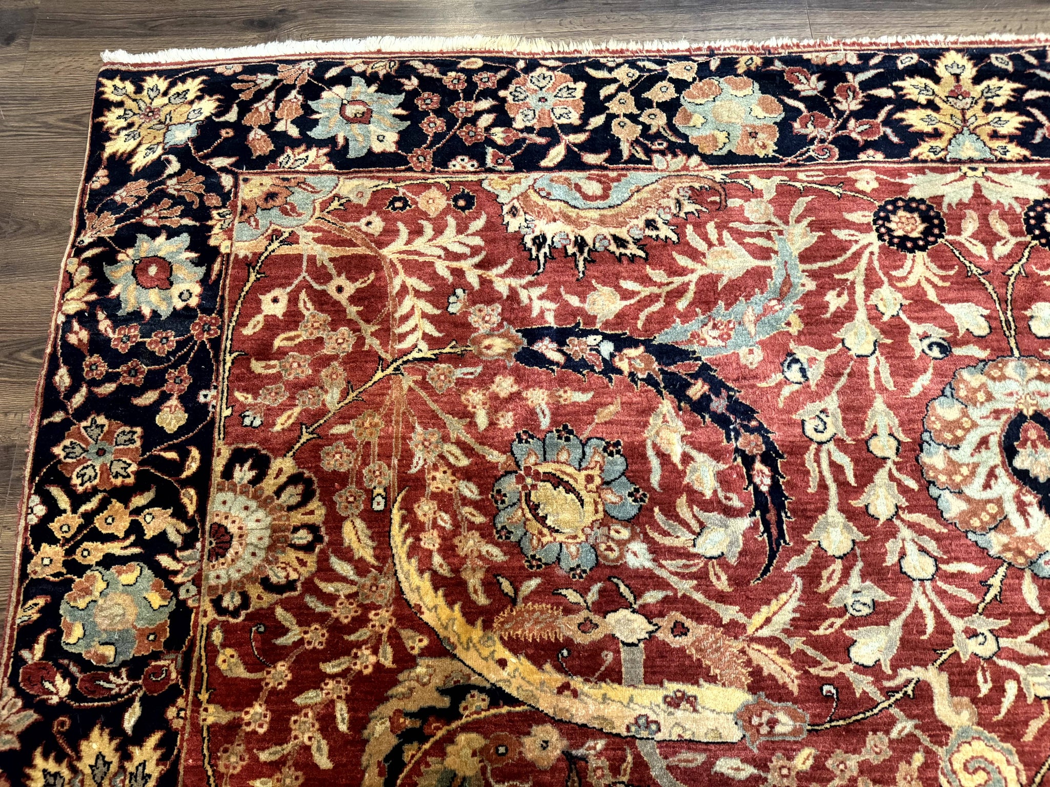 Indian Agra Rug 9x11, Terracotta and Navy Blue, Sickle Leaf Rug by Jewel Rugs