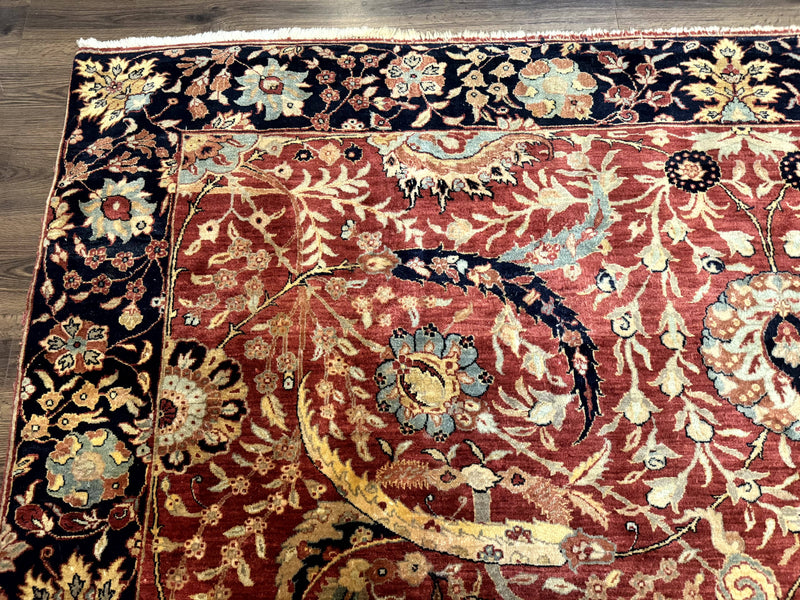 Indian Agra Rug 9x11, Terracotta and Navy Blue, Sickle Leaf Rug by Jewel Rugs