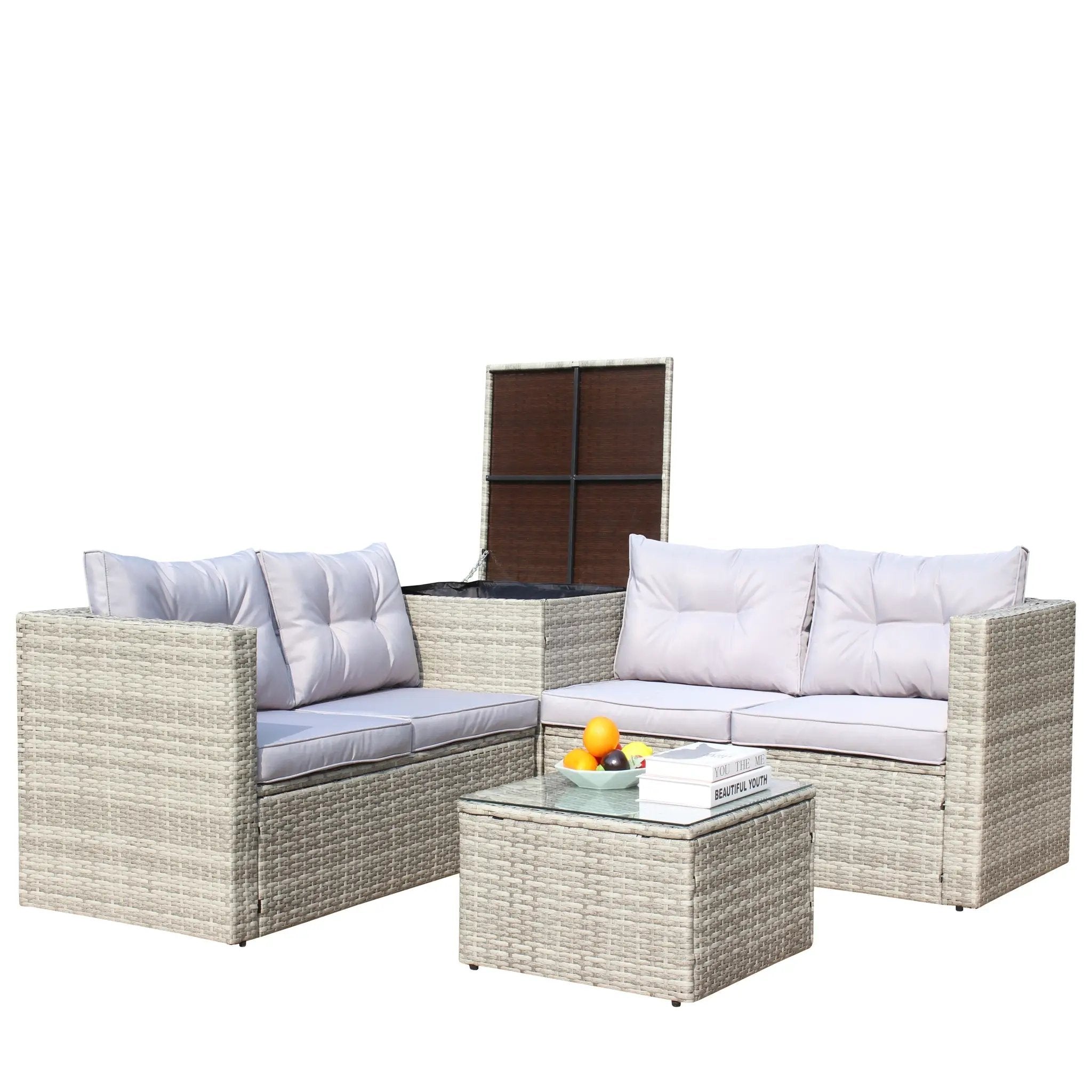 4 Piece Patio Sectional Wicker Rattan Outdoor Furniture Sofa Set with Storage Box Grey by HouseOfZazla