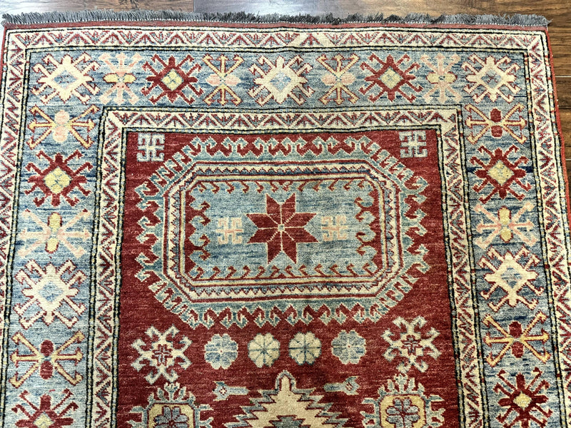 Turkish Kazak Rug 4x6, Handmade Vintage Wool Carpet, Geometric Design, Red and Light Blue by Jewel Rugs