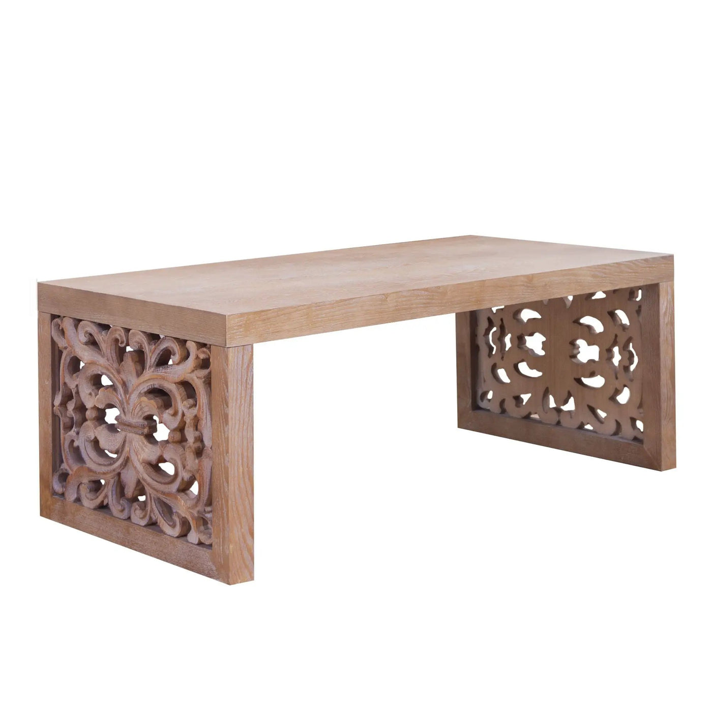 Rustic Carved Wood Coffee Table, Handcrafted Look With Ornate Side Panels by HouseOfZazla