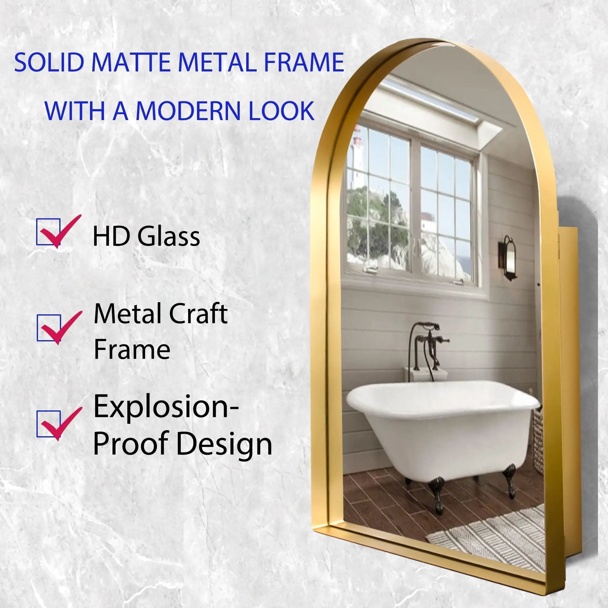 Arched Recessed Medicine Cabinet, Metal Framed Bathroom Wall Cabinet With Mirror And Adjustable Shelves, Wall Mirror With Storage For Bathroom by Unique Piece Furniture