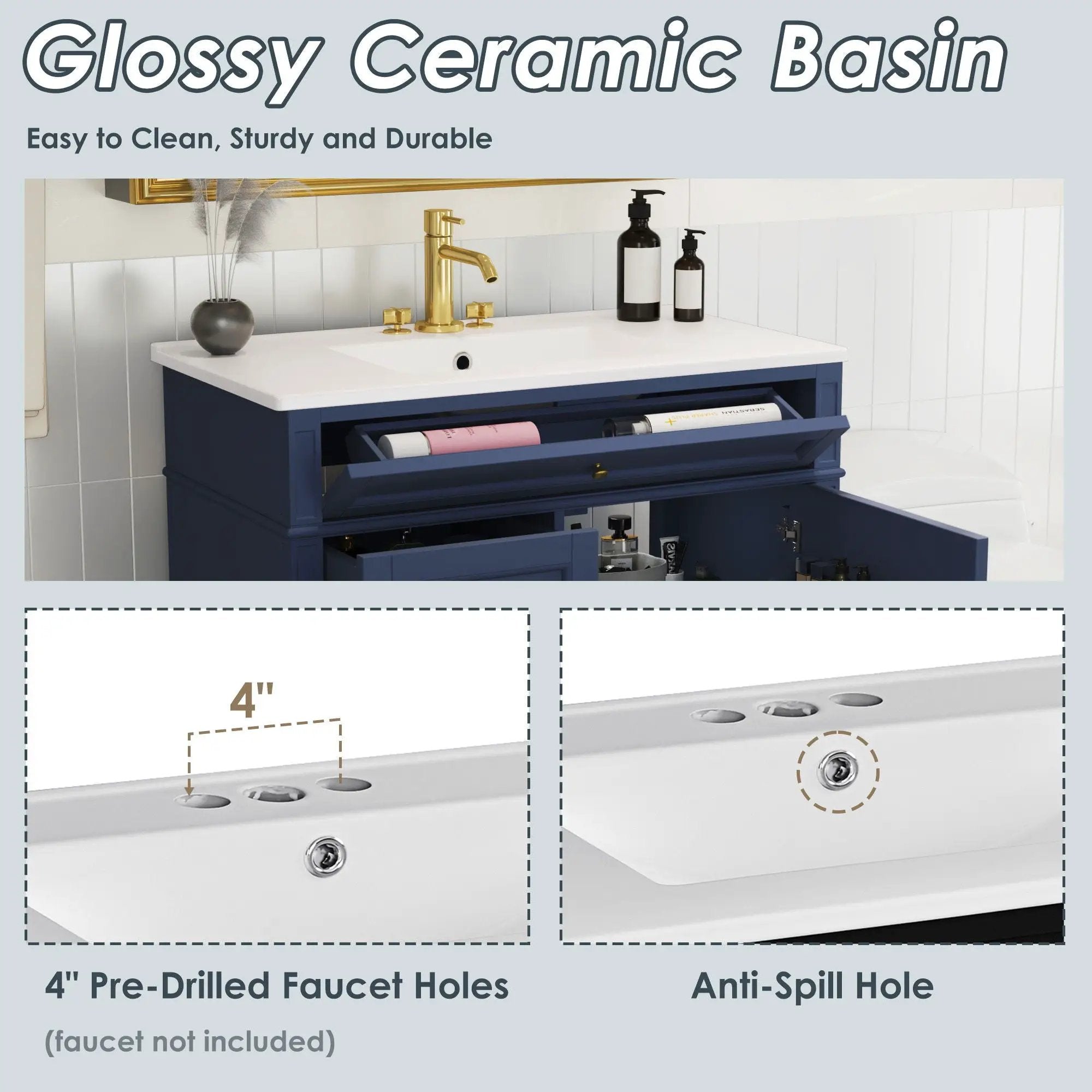 Bathroom Vanity With Top Sink, Modern Bathroom Storage Cabinet, 2 Drawers And A Tip-Out Drawer, Single Sink Bathroom Vanity - Blue by HouseOfZazla