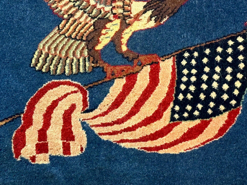 Pictorial Rug of American Flag with Bald Eagle, Small Indo Persian Pictorial Rug, Blue, Handmade, Very Fine 330 KPSI by Jewel Rugs