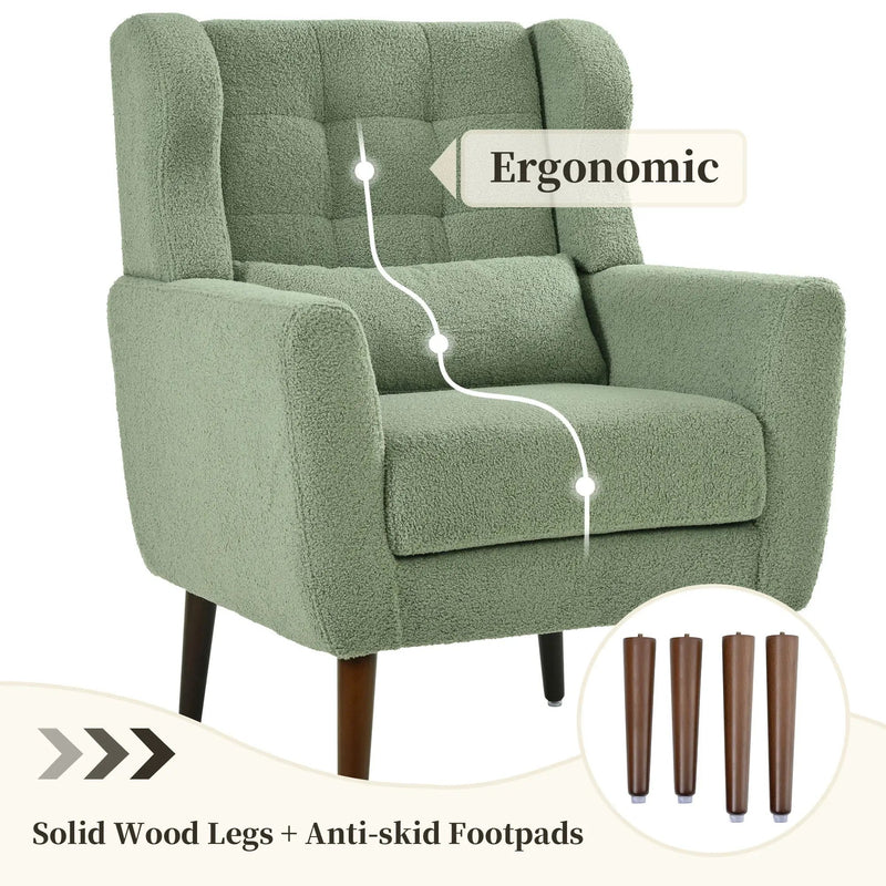 Modern Accent Chair, Teddy Fabric Living Room Chairs Comfy Reading Chair, Mid Century Accent Chair, Lounge Arm Chairs Armchair For Living Room Bedroom - Light Green by Unique Piece Furniture