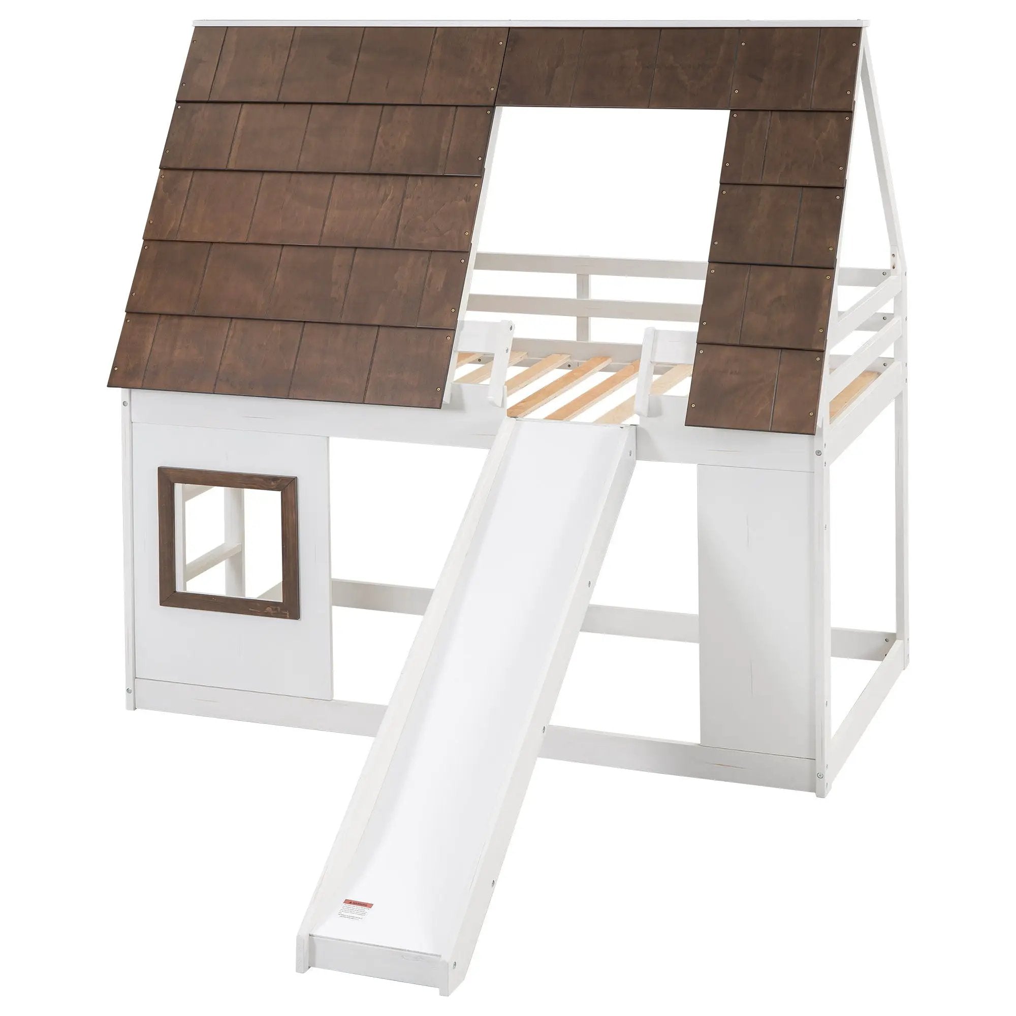Wood Twin Size House Bunk Bed With Roof, Ladder And Slide - White / Brown by Unique Piece Furniture