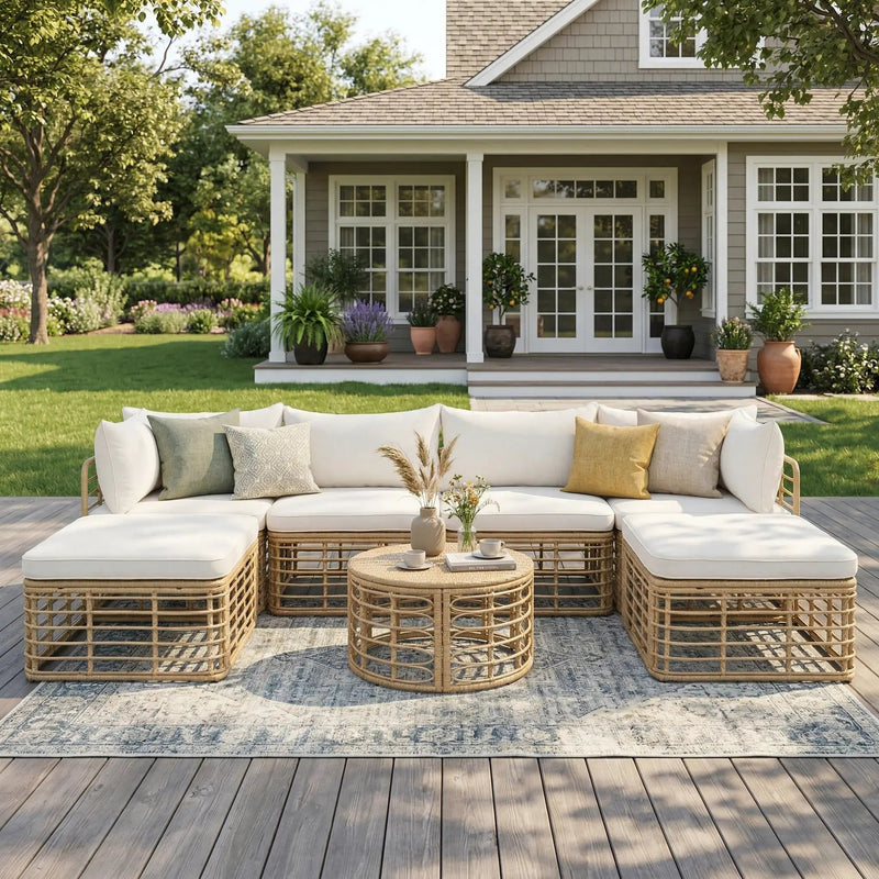 Outdoor Patio Furniture, All-Weather Rattan Sectional Sofa Set With Thick Cushions And Pillows, Freely Combined Conversation Sets For Garden, Backyard, Balcony by Unique Piece Furniture