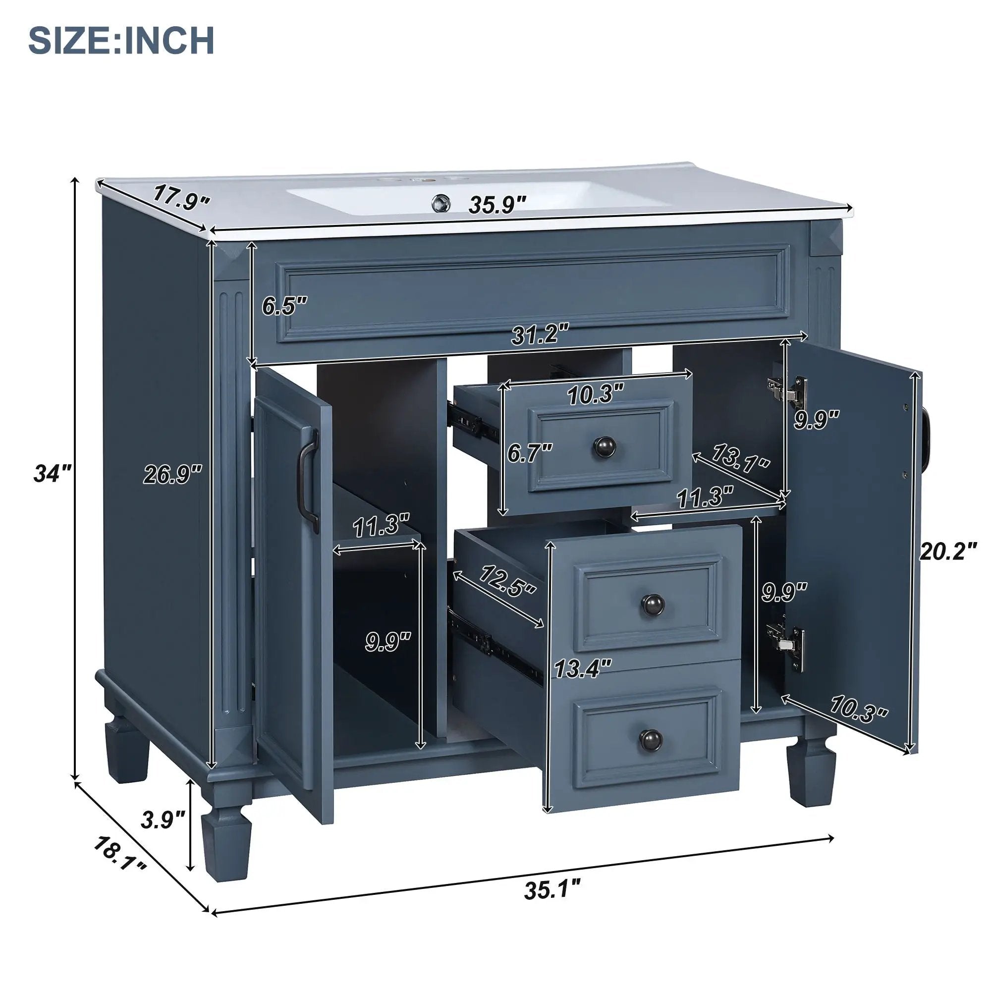 36" Bathroom Vanity With Top Sink, Basin On Cabinet With 2 Soft Closing Doors And 2 Drawers - Blue by Unique Piece Furniture