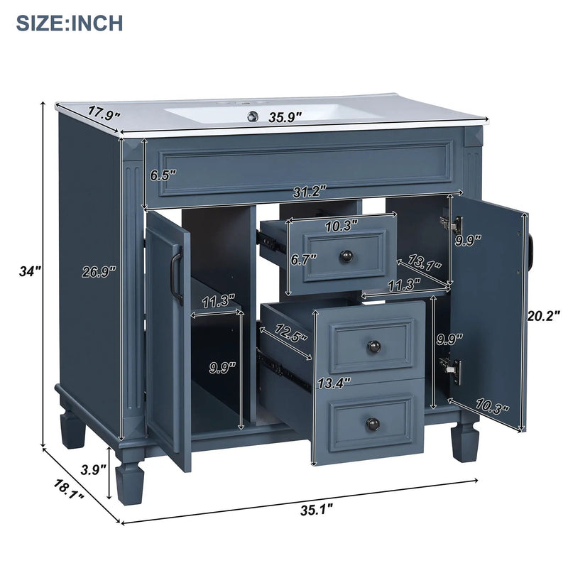 36" Bathroom Vanity With Top Sink, Basin On Cabinet With 2 Soft Closing Doors And 2 Drawers - Blue by Unique Piece Furniture
