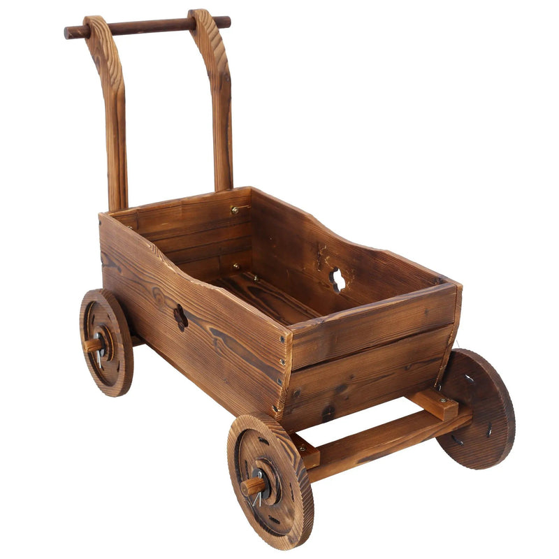 Wooden Wagon Planter Box Mobile Garden Planter With Wheels Handle Drain Hole Wood - Brown by Unique Piece Furniture