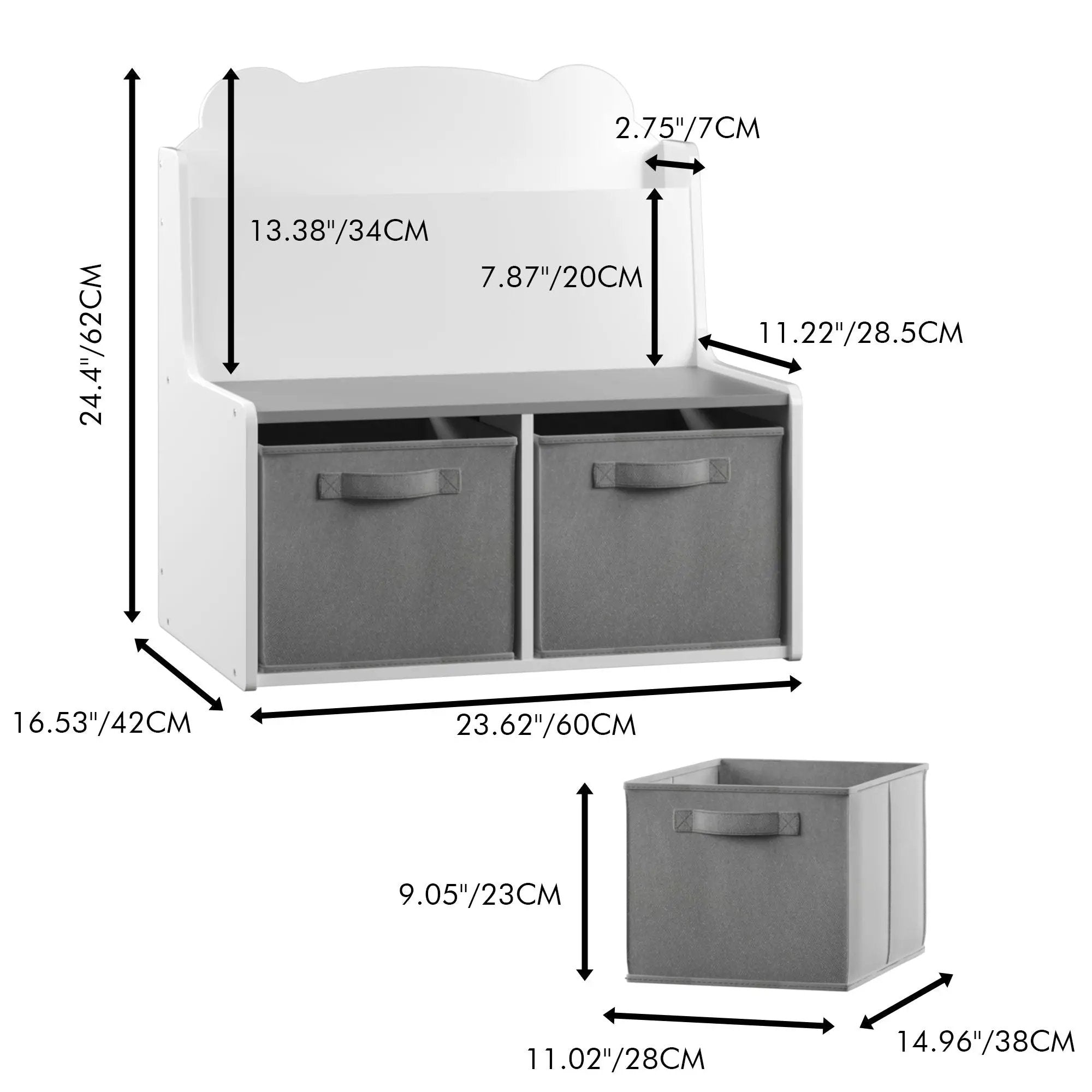 Bookshelf With Storage Bins, Bookcase With Book Display Shelf And 2 Bins, Cute Bear Shaped Backboard, Toy Organizer - White by Unique Piece Furniture