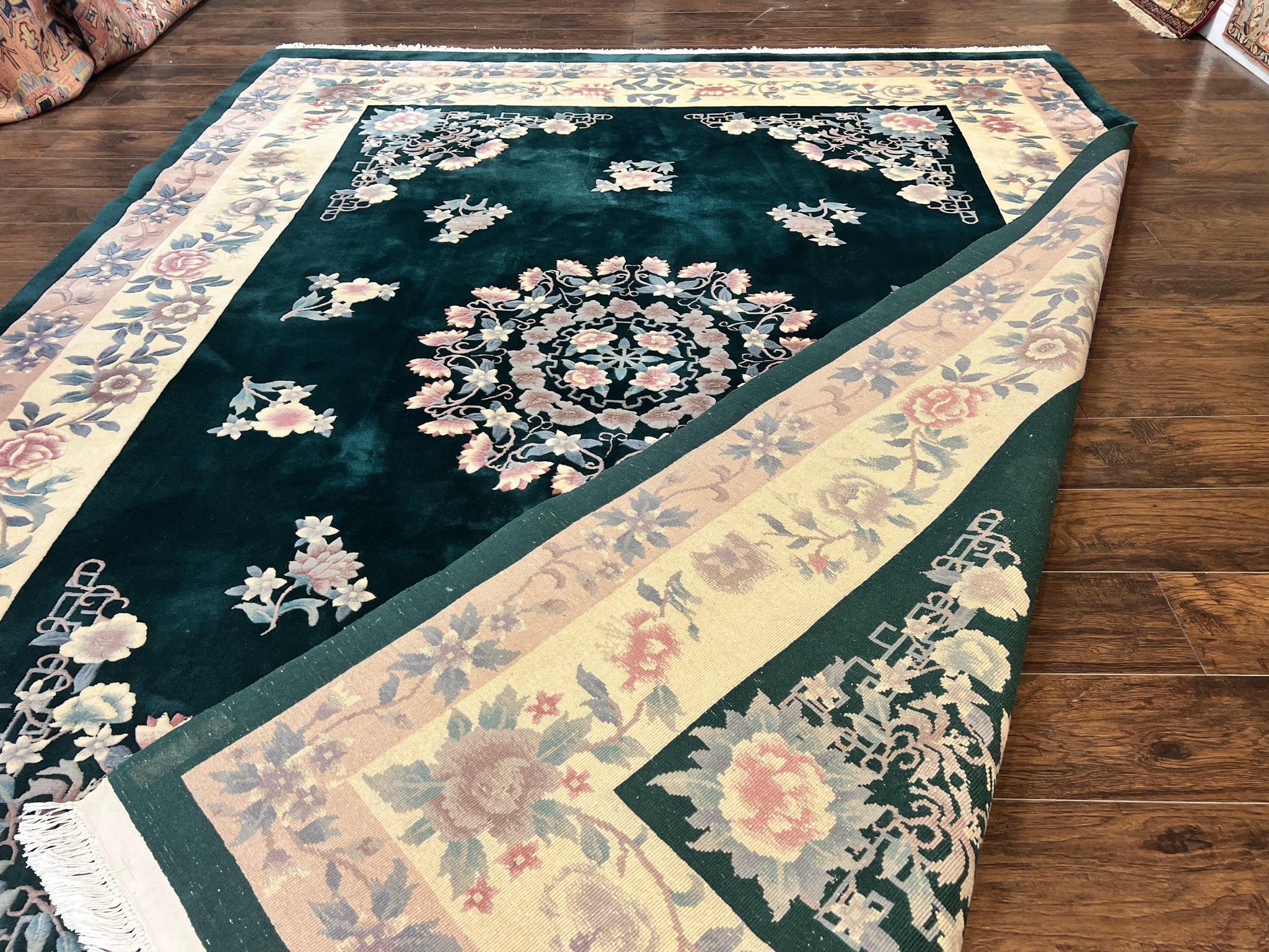 Chinese Art Deco Rug 9x12, Wool Hand Knotted Vintage Carpet, Dark Green & Cream, 90 Line Carving Rug by Jewel Rugs