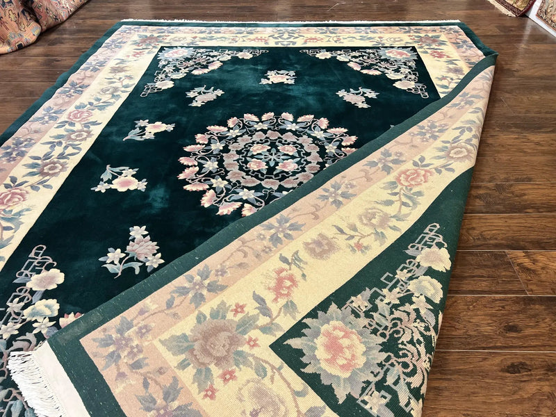 Chinese Art Deco Rug 9x12, Wool Hand Knotted Vintage Carpet, Dark Green & Cream, 90 Line Carving Rug by Jewel Rugs