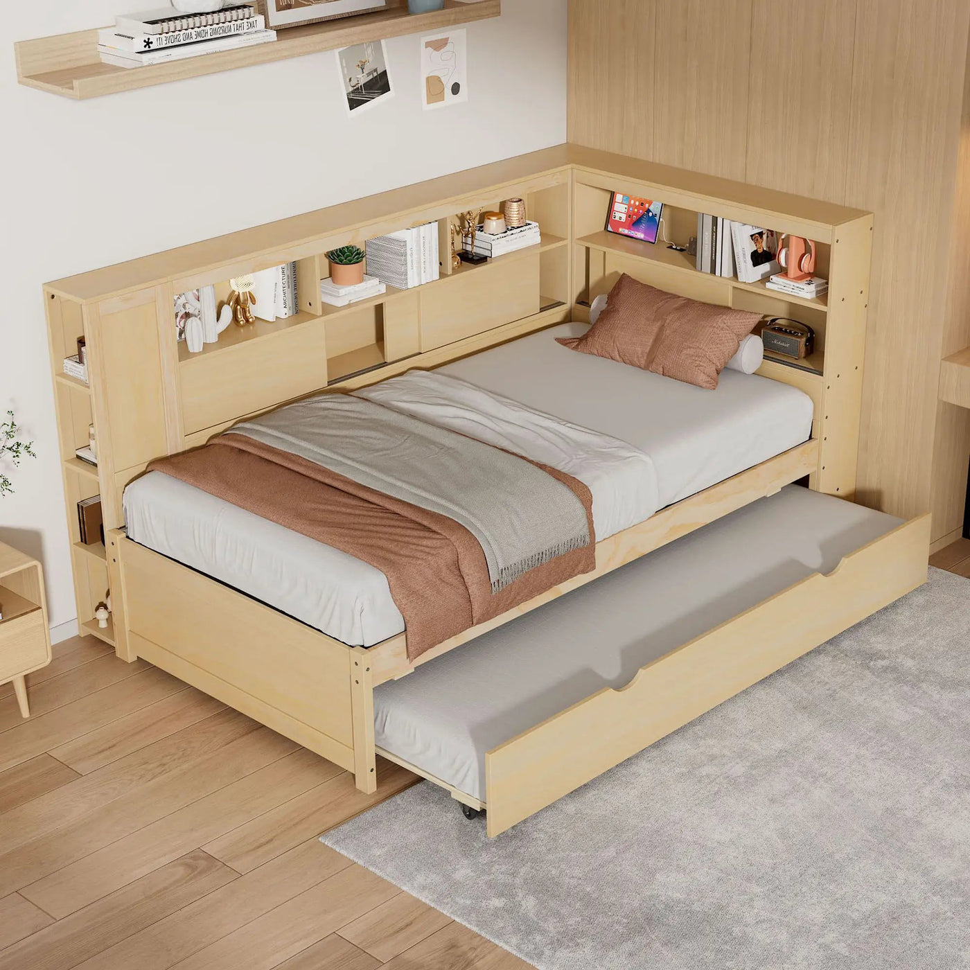 Daybed With Storage Shelves, USB Charging, And Trundle Bed by Unique Piece Furniture