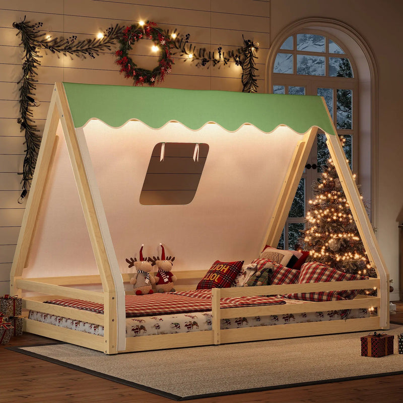 Full Size House Floor Bed with Tent and Light by HouseOfZazla