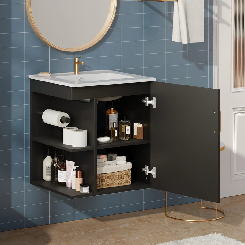 Modern Wall Mounted Bathroom Cabinet With Side Shelf And Ceramic Sink by HouseOfZazla