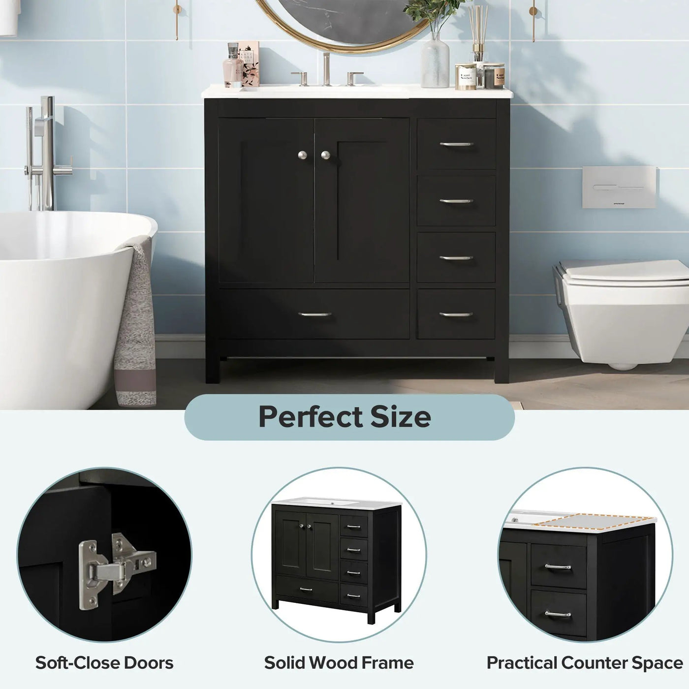 Bathroom Vanity With Ceramic Sink Combo, Abundant Storage Cabinet 2 Soft Close Doors And 5 Drawers by Unique Piece Furniture