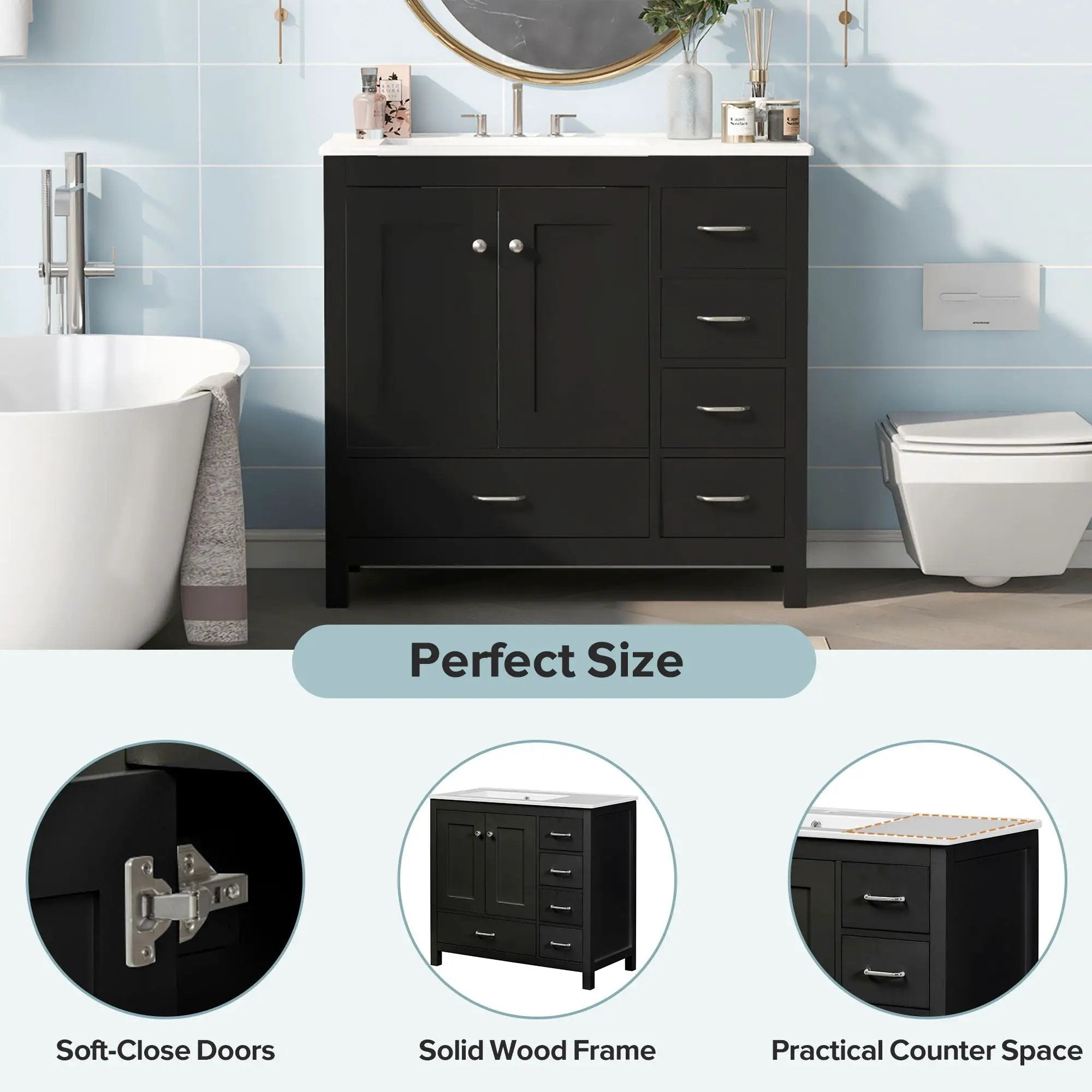 Bathroom Vanity With Ceramic Sink Combo, Abundant Storage Cabinet 2 Soft Close Doors And 5 Drawers by Unique Piece Furniture