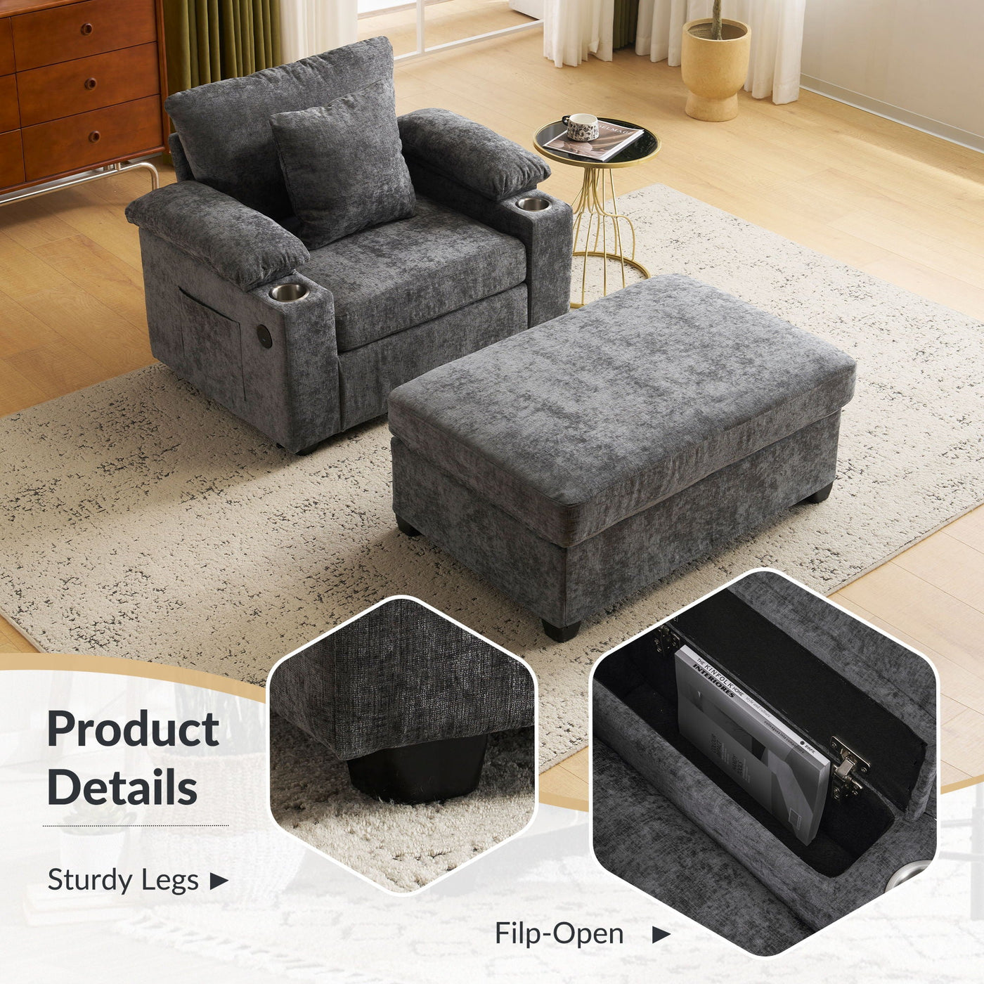 Modern Oversized Chair With Ottoman, Cupholders And USB Charging Ports by Unique Piece Furniture