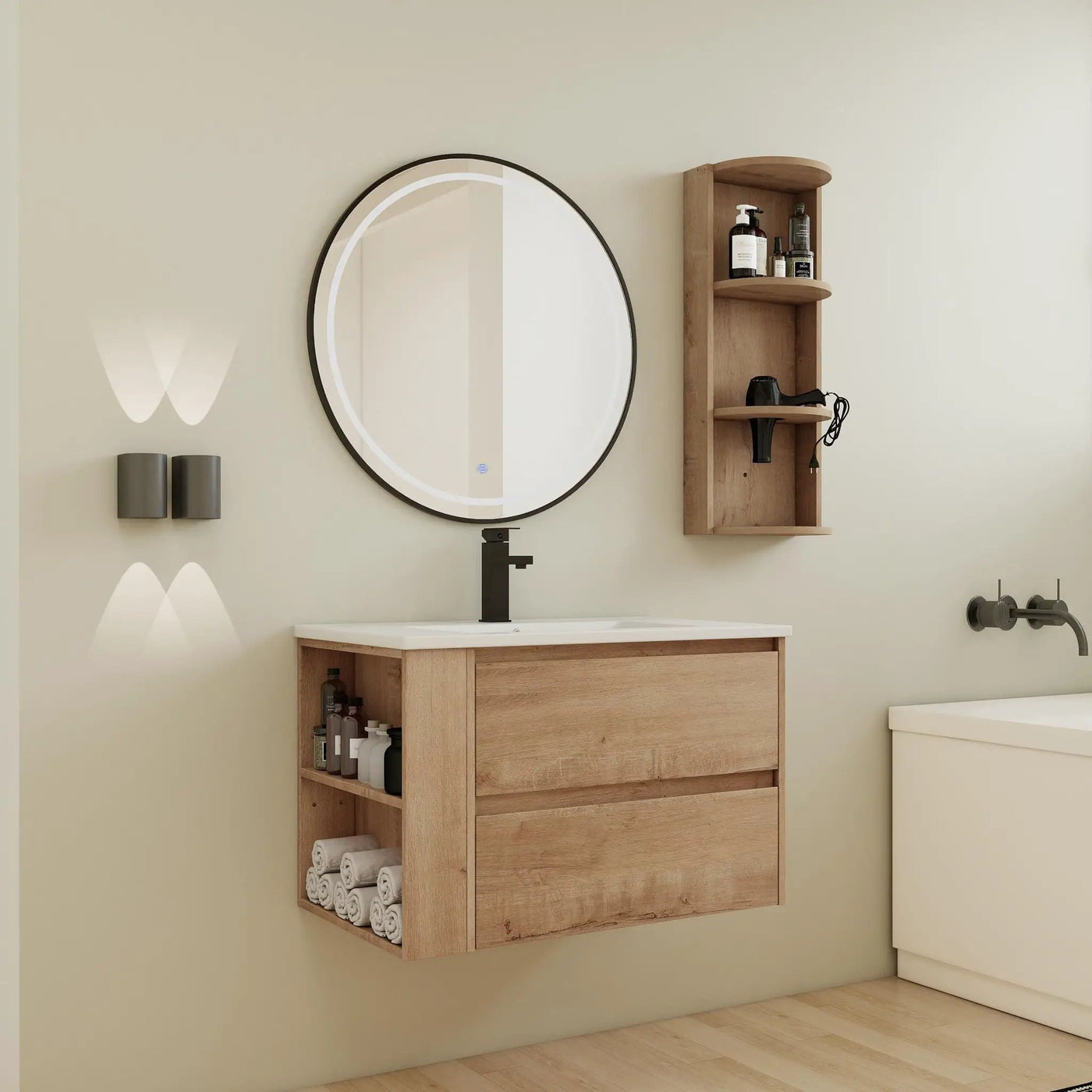 Modern Wall Mounted Bathroom Vanity with Ceramic Sink and Storage Rack by HouseOfZazla