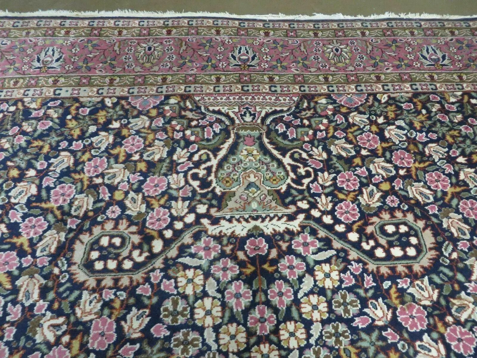 Turkish Sivas Rug 7x11, Navy Blue & Pink, Millifluer Floral Wool Carpet, Vintage by Jewel Rugs