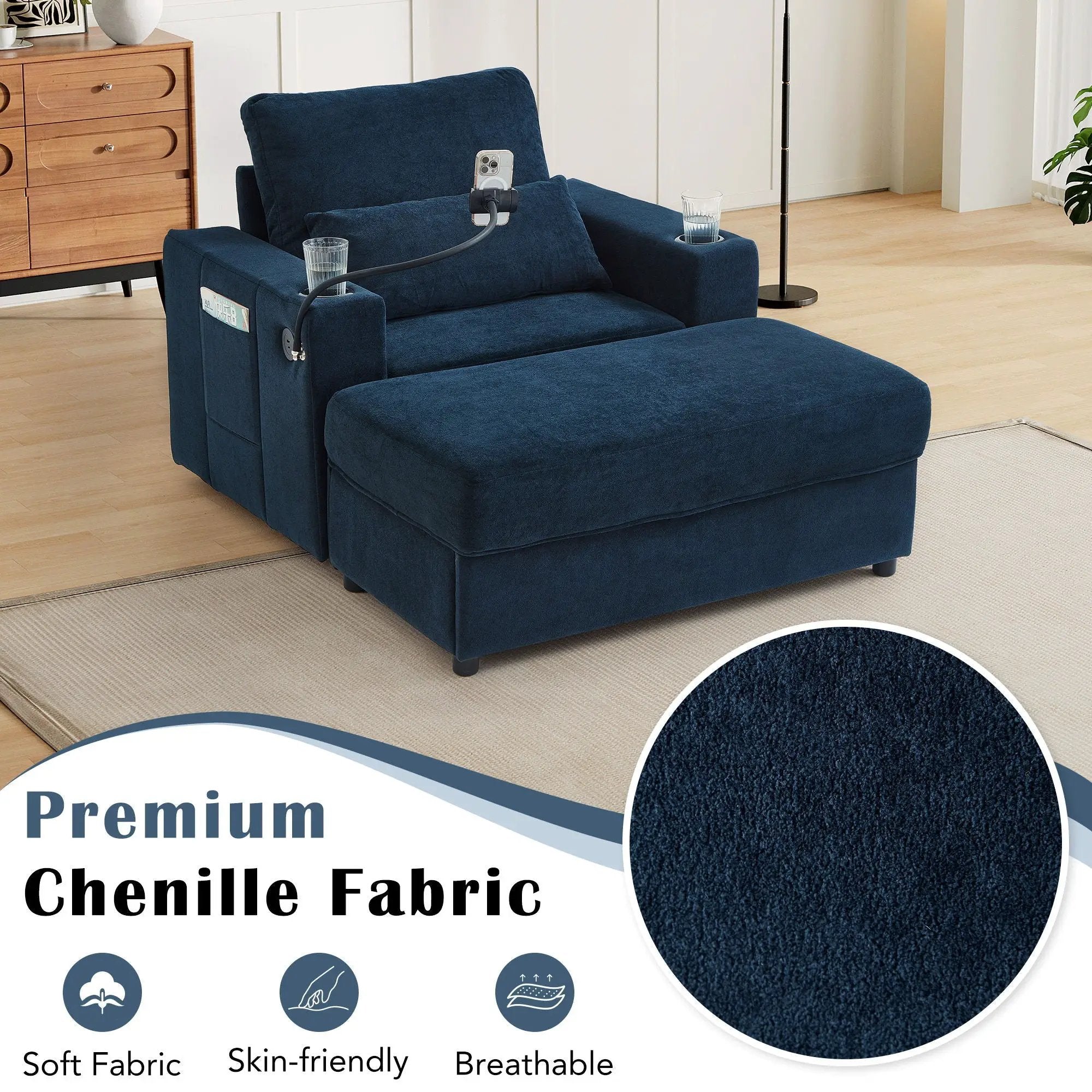 Modern Style Armchair Chaise Lounge Sofa Couch With Movable Storage Ottoman, USB Ports, Cup Holders, Phone Holder, Side Pockets by HouseOfZazla