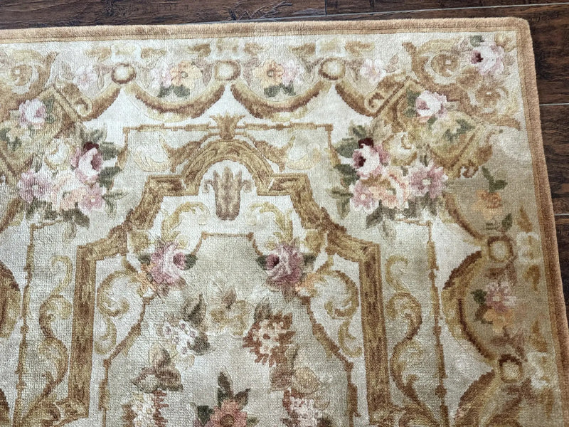 Chinese Aubusson Rug 3.6 x 5, Beige and Gold, Handmade Vintage Elegant European Design Carpet, Plush Wool, Handmade by Jewel Rugs