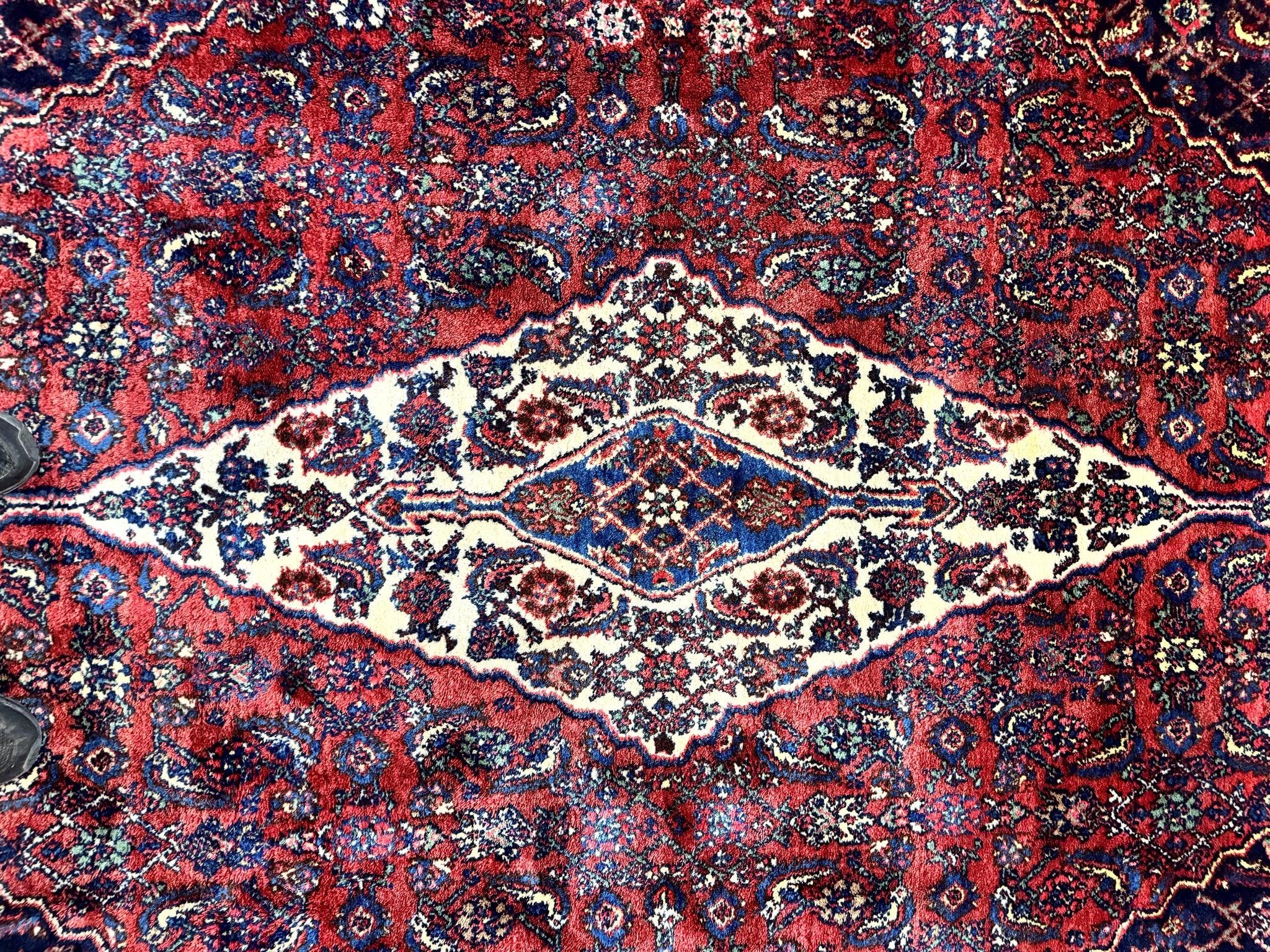 Antique Persian Hamadan Tribal Rug 8x10, Red and Ivory, Medallion Rug, Wool Handmade Carpet by Jewel Rugs