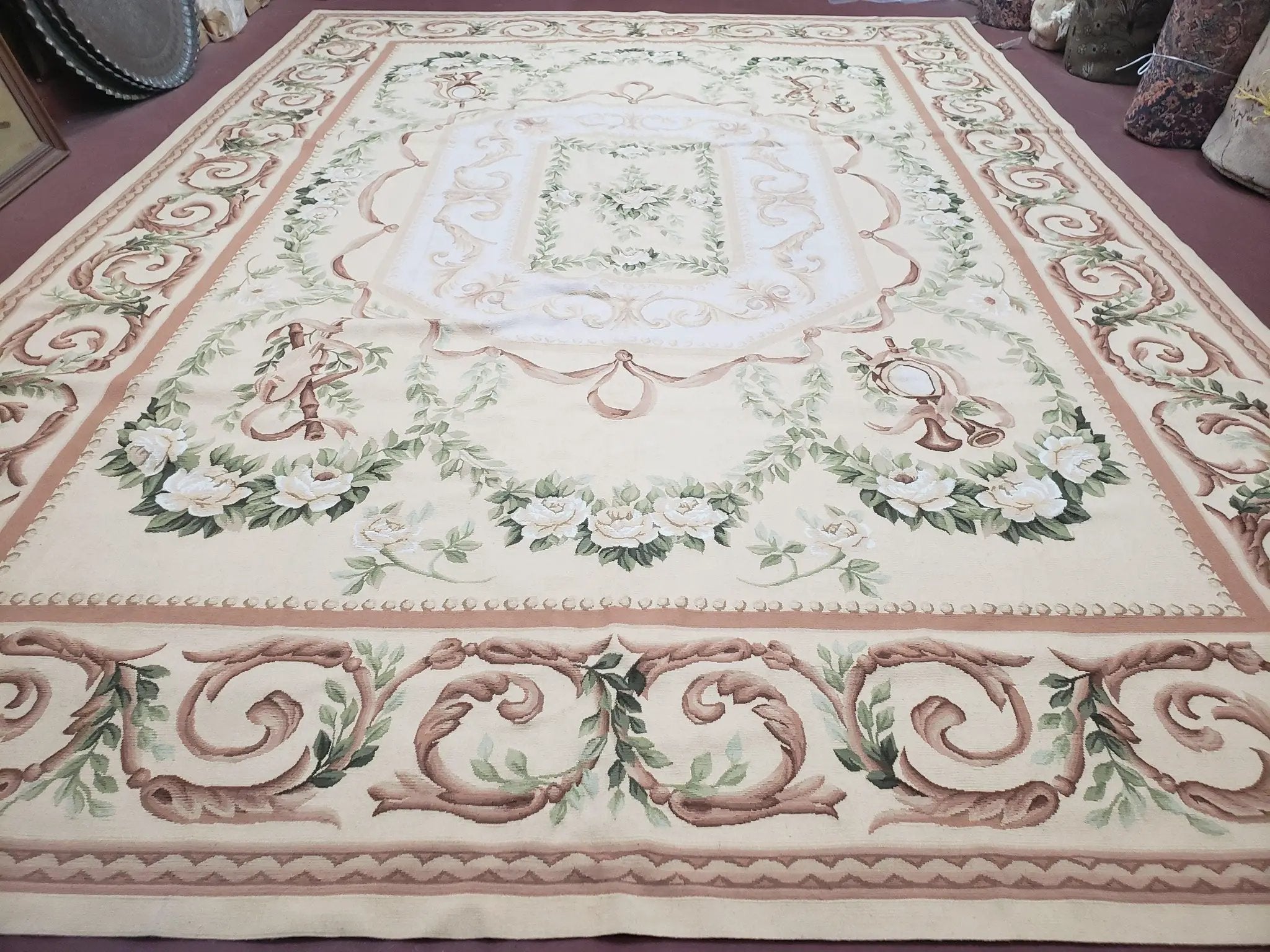 Elegant Aubusson Rug 10 x 14, Cream and Ivory Simple Aubusson Floral Carpet, Hand-Woven, European, New Aubusson Rug, Wool Area Rug, Violins by Jewel Rugs