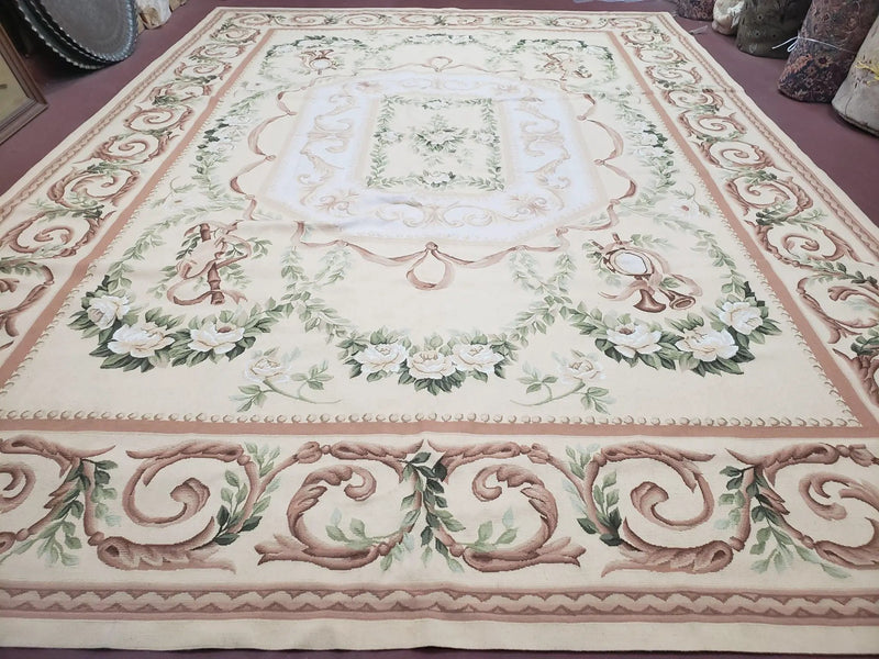 Elegant Aubusson Rug 10 x 14, Cream and Ivory Simple Aubusson Floral Carpet, Hand-Woven, European, New Aubusson Rug, Wool Area Rug, Violins by Jewel Rugs