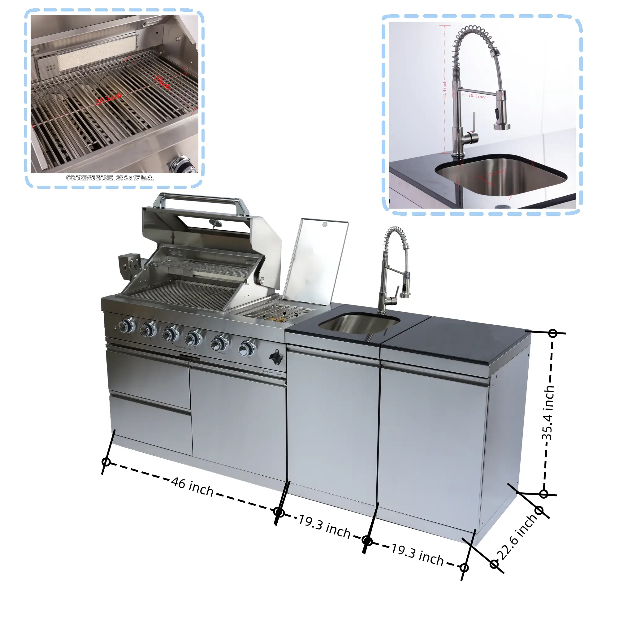 NG 85" 4-Burner 72,000 BTU Silver Outdoor Kitchen Island Grill + Side B & Storage Cabinets & Sink by Chery Industrial