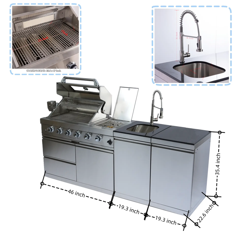 NG 85" 4-Burner 72,000 BTU Silver Outdoor Kitchen Island Grill + Side B & Storage Cabinets & Sink by Chery Industrial