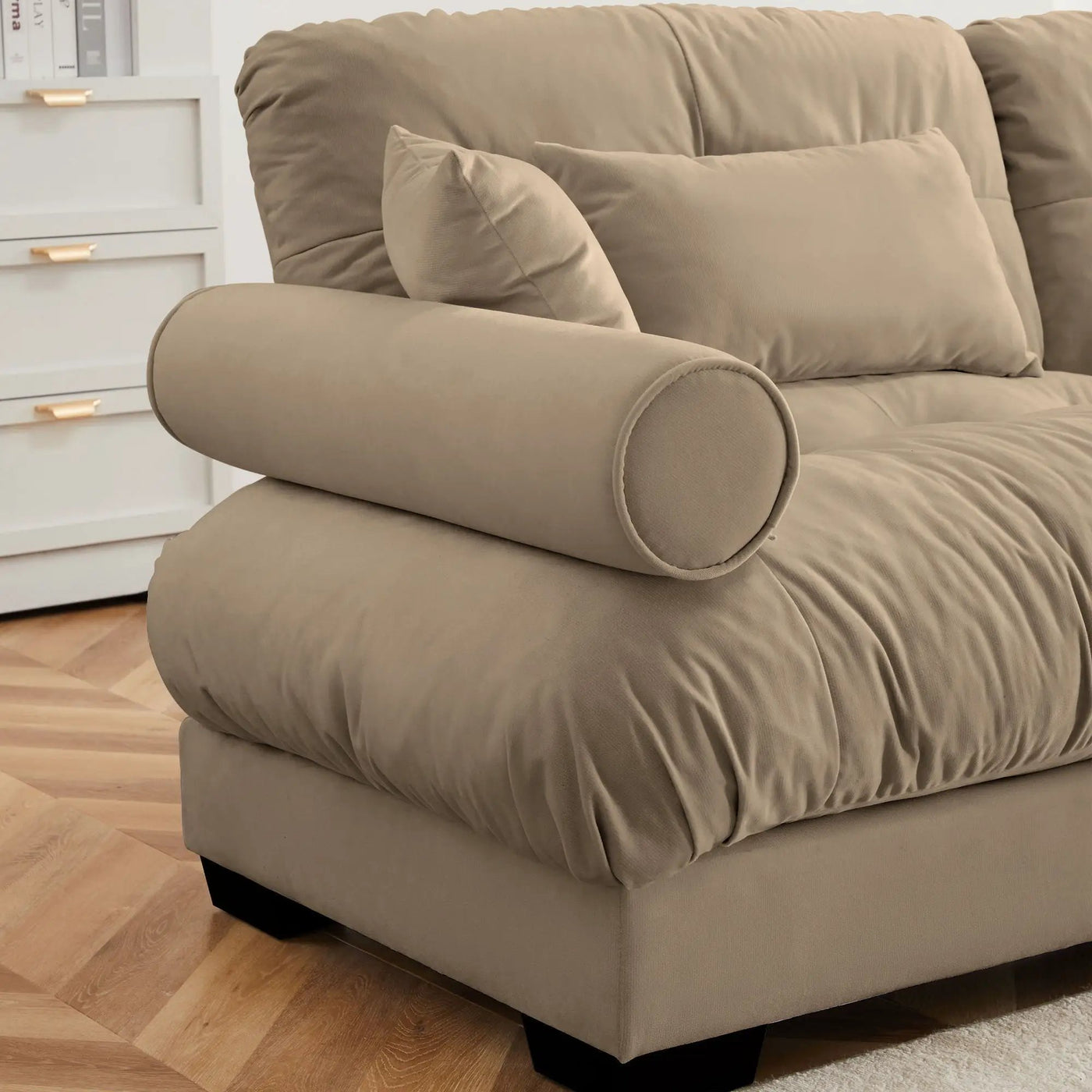 Modern Sectional Sofa With Ottoman, Round Bolster Armrests, Waist And Throw Pillows by HouseOfZazla