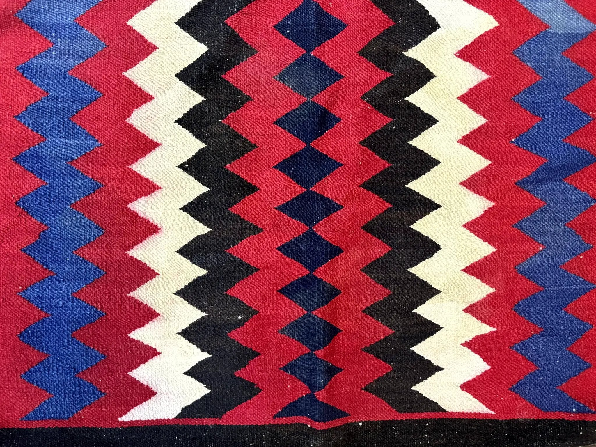 Antique Navajo Rug 3.7 x 2.8, Red Ivory Blue, Zig Zag Pattern, Handmade, Wool by Jewel Rugs