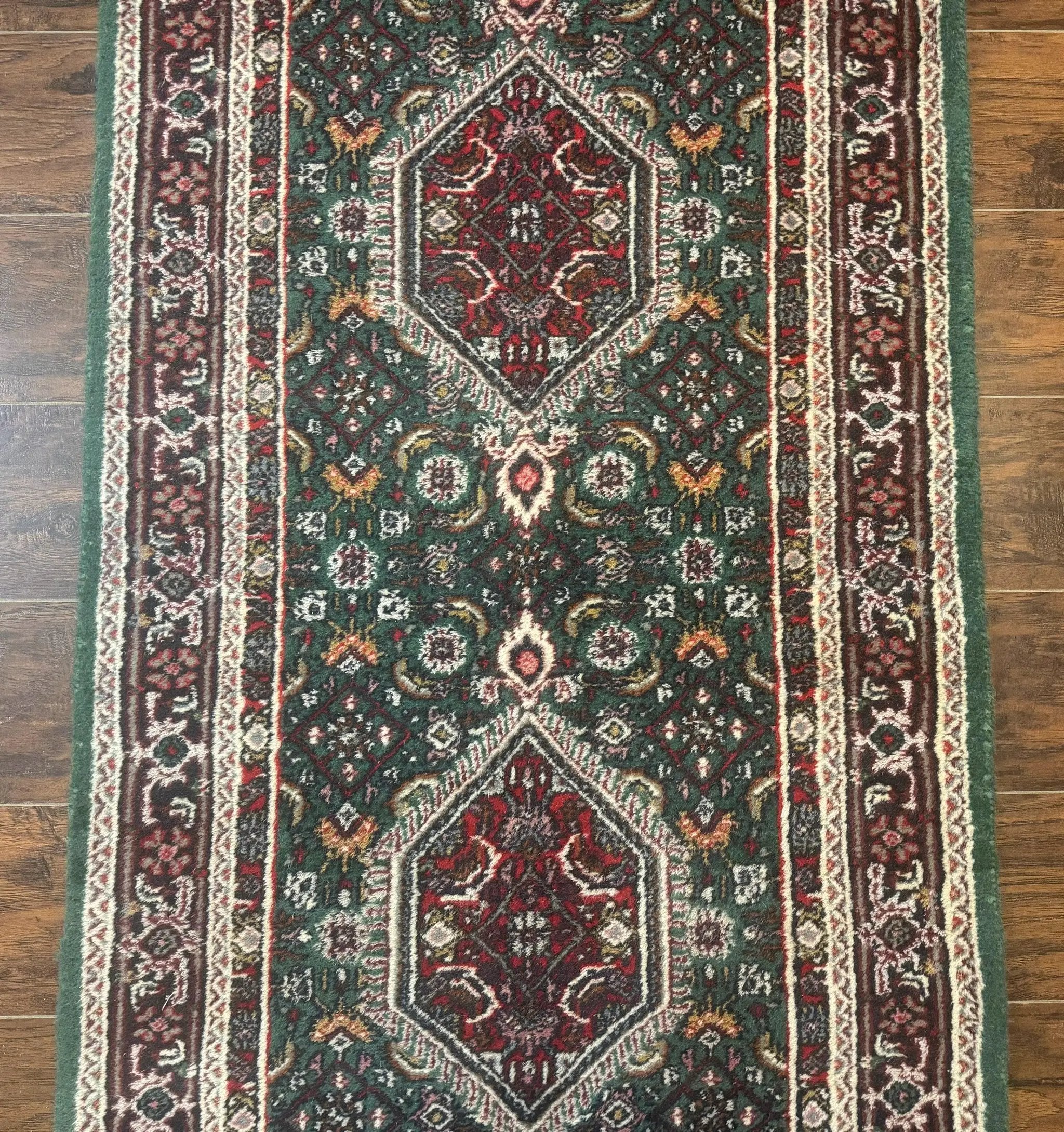 Green Indo Persian Bidjar Runner Rug 3x10, Green and Red by Jewel Rugs