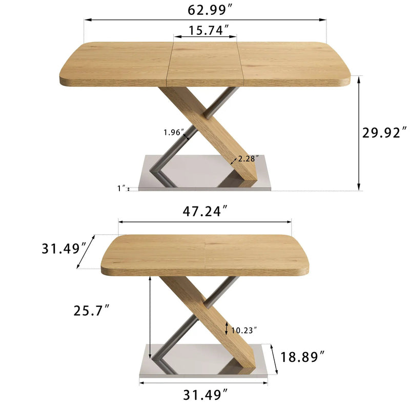 Retractable Square Dining Table, Seating 4 - 6 People, Cross Base With Stainless Steel Tubing, Expandable - Natural by Unique Piece Furniture