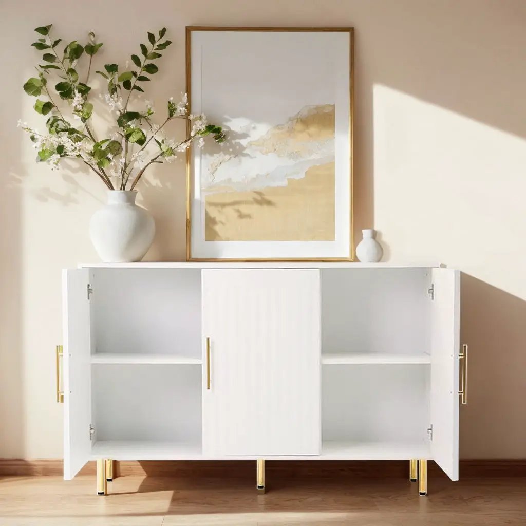 3 Door Large Storage Sideboard With Handles For Kitchen, Dining Room And Living Room, Accent Buffet Cabinet, Coffee Bar Sideboard Cabinet With 3 Doors - White / Gold by HouseOfZazla