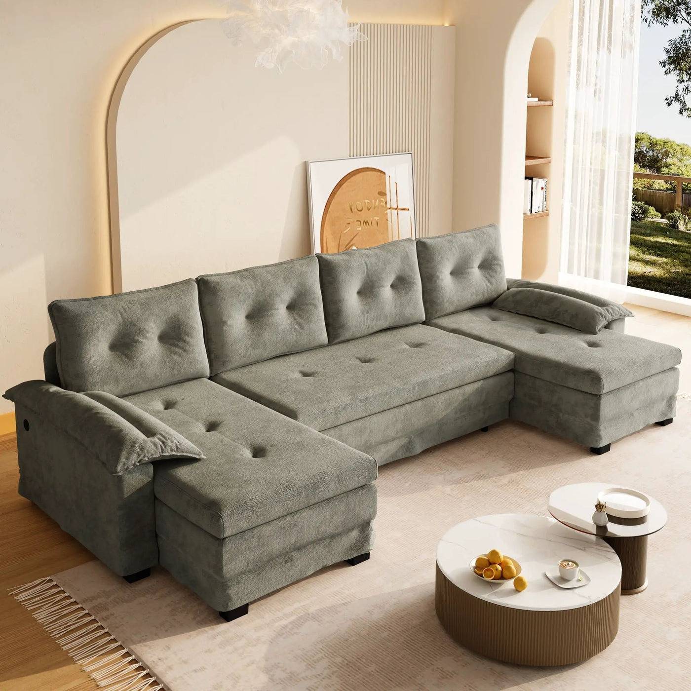U-Shaped Sleeper Sofa With Pull Out Bed, Removable Armrests & USB Ports For Living Room by HouseOfZazla